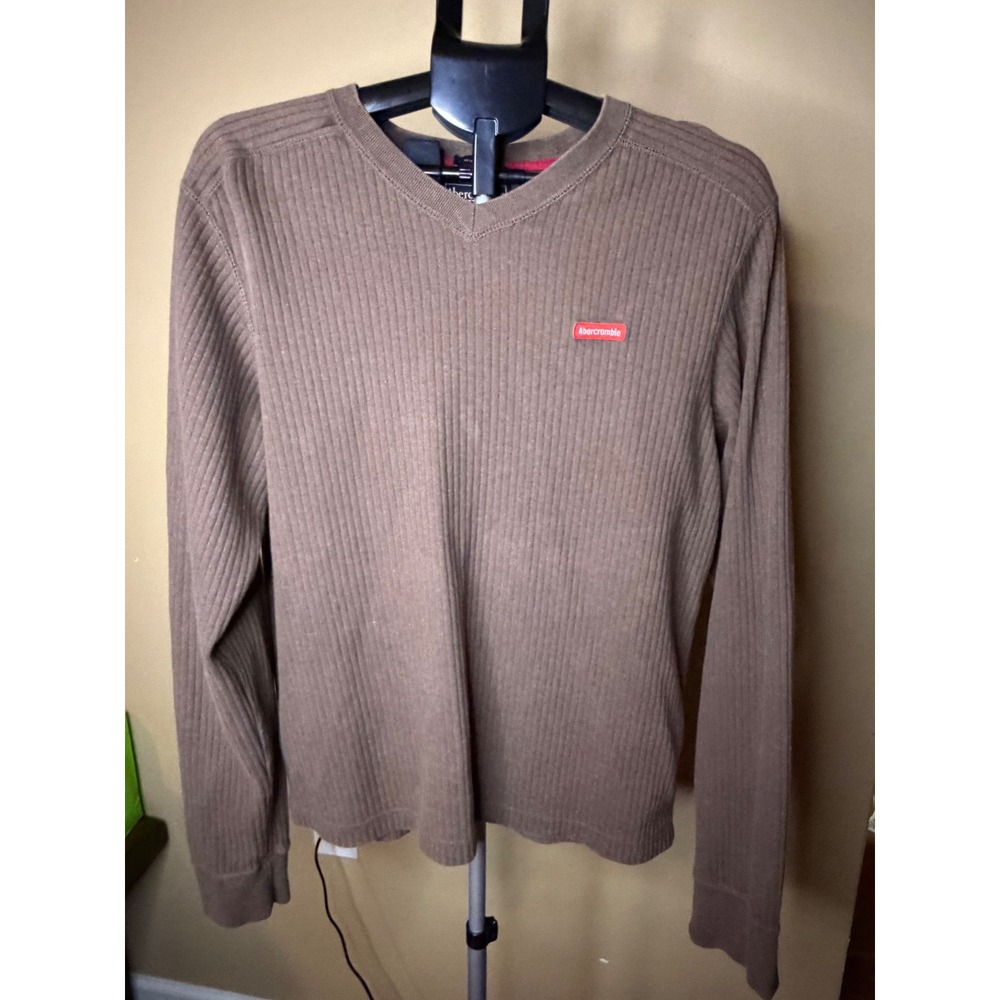 Abercrombie & Fitch Mens XL Brown Ribbed‎ V-Neck Muscle Long Sleeve Shirt Cotton